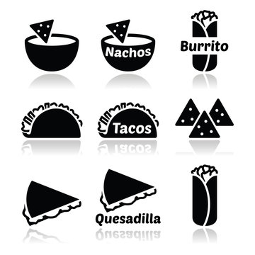 Mexican food icons - tacos, nachos, burrito, quesadilla