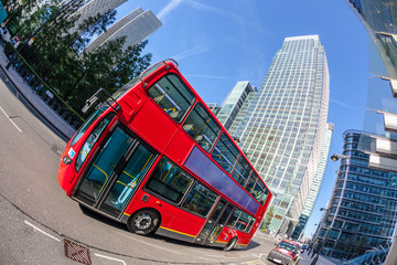 Famous Red Double Decker Bus in Canary Wharf District