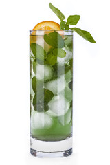 iced drink with orange and mint isolated on white background