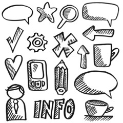 Set of office doodles, sketches, black isolated icons, vector