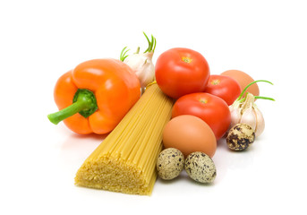 vegetables, eggs and spaghetti on a white background