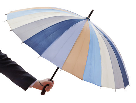 man's hand with open multicolored umbrella