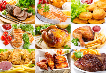 various meals with meat, fish and chicken