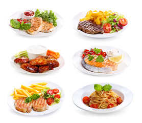 borden van verschillende soorten vlees, vis en kip