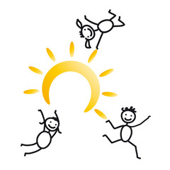 Drei fröhliche Kinder mit Sonne, abstrakte Zeichnung, Sommerferien, Ferien, Sommer, Familie, Urlaubszeit