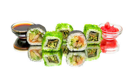 sushi and rolls on a white background with a mirror reflection