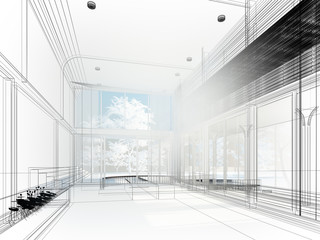 sketch design of interior hall, wire frame 