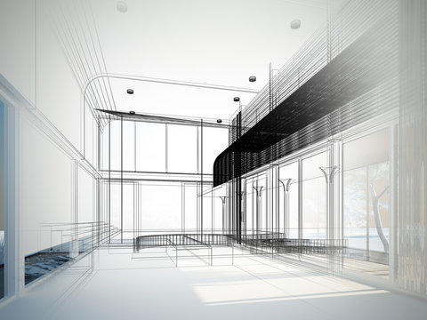 sketch design of interior hall, wire frame