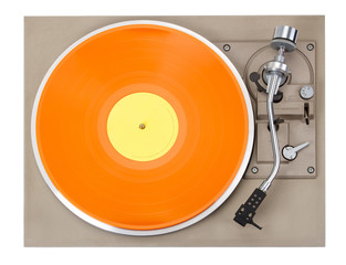 Turntable with orange record, isolated on white background