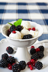 White vanilla ice-cream with berries and mint. Diary product