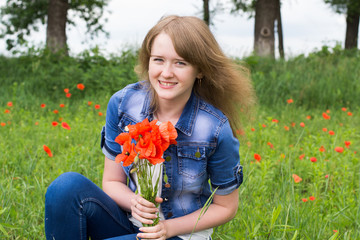 girl with red poppies