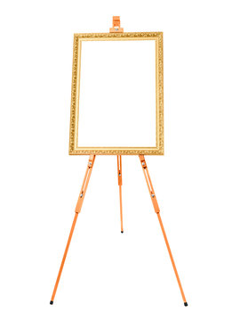 easel with golden frame on a white background