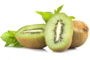 Fresh Kiwi and leaves of mint on the white