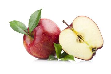 Red apple and leaves on the  white