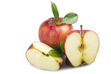 Red apple and leaves on the  white