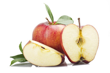 Red apple and leaves on the  white
