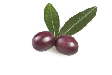 Taggiasche olive and leaves on the  white