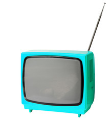 Sky blue vintage analog television isolated with clipping path.