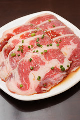 high quality Beef slices on white plate korean grilled menu