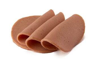 Sliced ham on white background, Fresh prosciutto, Pork ham.