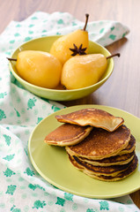 pear stewed in citrus juice and pancakes
