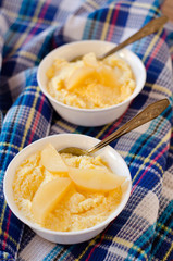 Polenta and pear slices