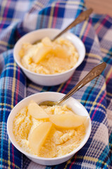Polenta and pear slices