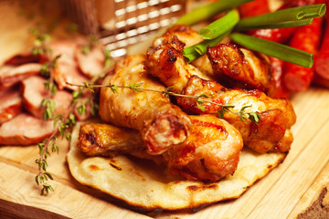 German food concept. Set of fried meat and small meat sausages
