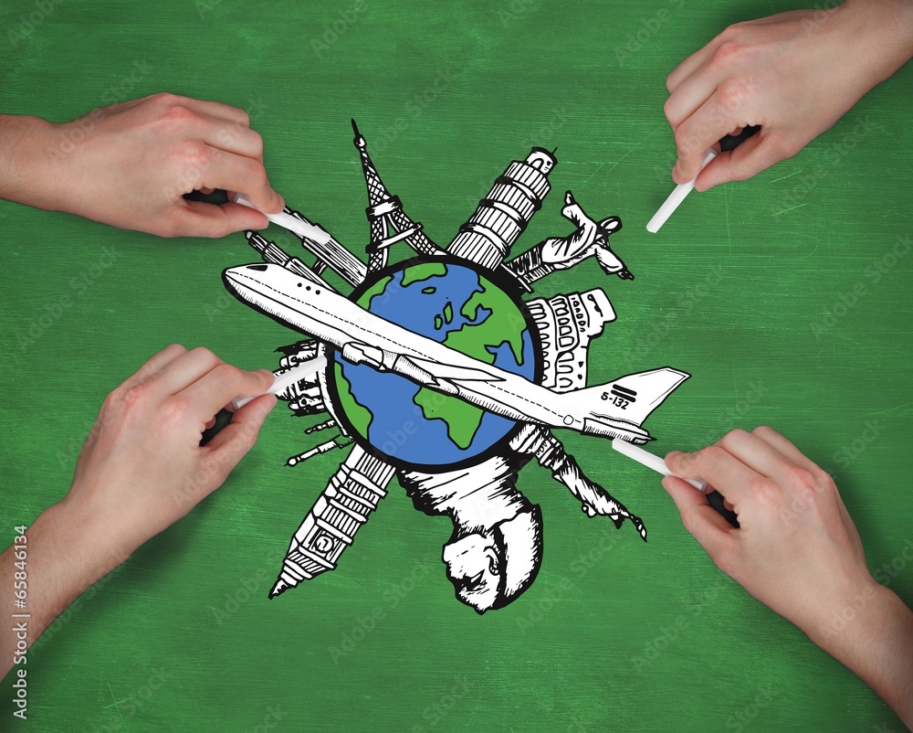 Poster Composite image of multiple hands drawing airplane with chalk