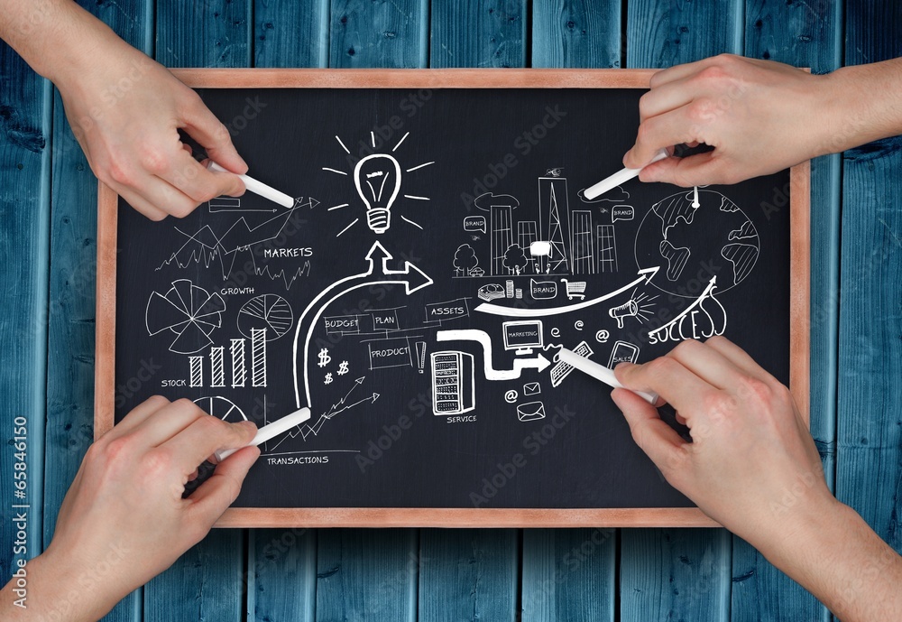 Aufkleber composite image of multiple hands drawing brainstorm with chalk