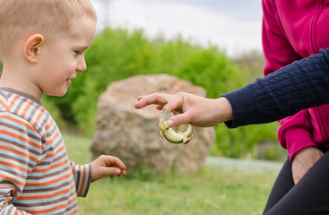 Young boy being handed a live green lizard