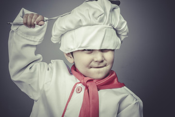 preparing, child dress funny chef, cooking utensils