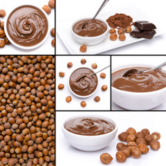 Collage with hazelnuts and chocolate spreads