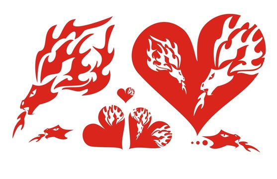 Red hearts of a dragon and a flaming dragon