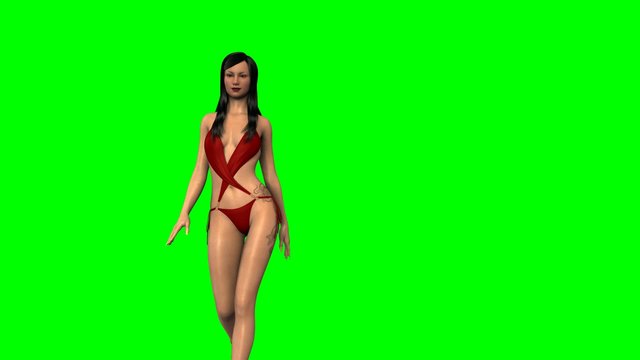 Sexy Girl in Red Bikini walks  - green screen
