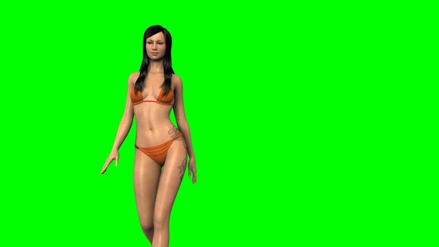 Sexy Girl in Bikini walks  - green screen
