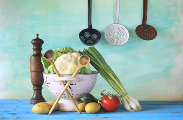 vegetables and kitchen utensils, cooking concept, free copy spac