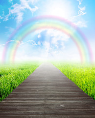 Bridge in summer landscape with rainbow - obrazy, fototapety, plakaty