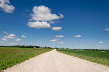 Fototapeta na wymiar gravel road along grass blue cloud horizon