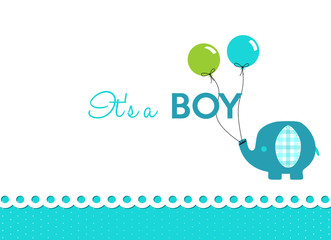 baby shower card, little blue elephant with colorful balloons