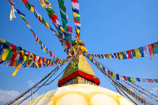 Prayer flags on Boudhanath Stupa in Kathmandu, Nepal