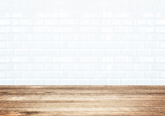White brick tile wall and wood plank floor