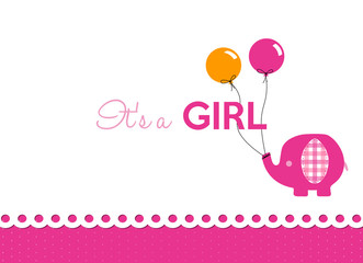 baby shower card, little fuchsia elephant with colorful balloons