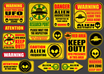 Naklejka premium Kolekcja znaków ostrzegawczych kosmitów UFO