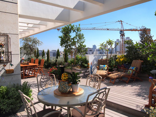 Beautiful blooming rooftop garden in city setting