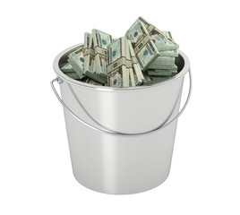 20 Dollar bills in a bucket - isolated on white