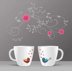 pattern of birds and spring flowers in a cup