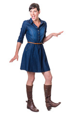 Happy cute brunette in denim dress