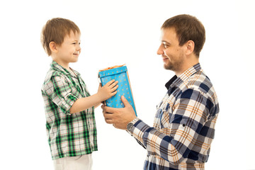 Happy son gives his father gift
