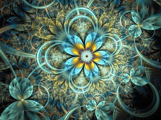 Symmetrical dark orange blue  fractal flower - obrazy, fototapety, plakaty